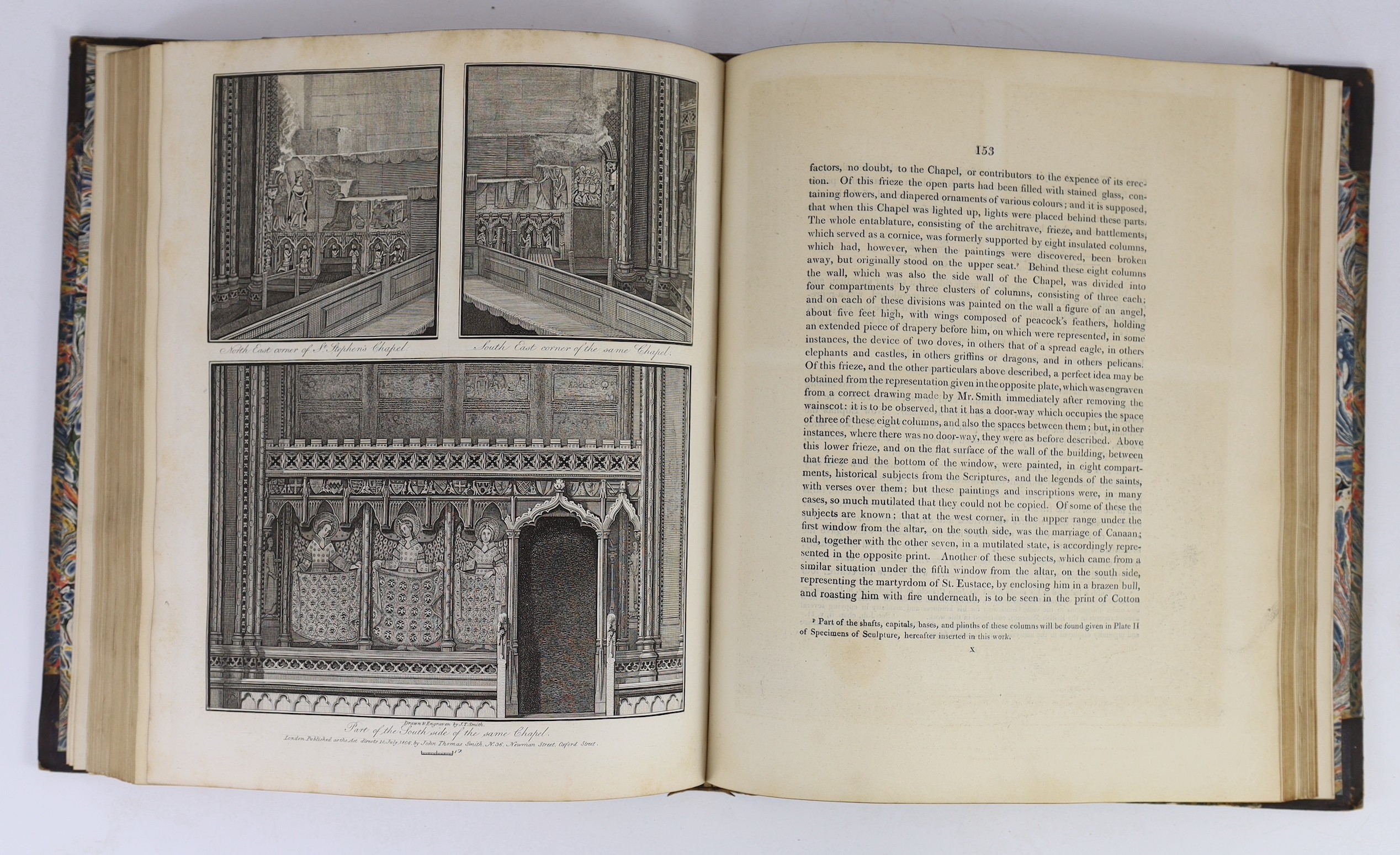 Smith, John Thomas - Antiquities of Westminster; the Old Palace; St. Stephen's Chapel ....&c.&c....37 engraved plates (13 hand coloured); old maroon half morocco and marbled boards, gilt decorated and panelled spine, ge.